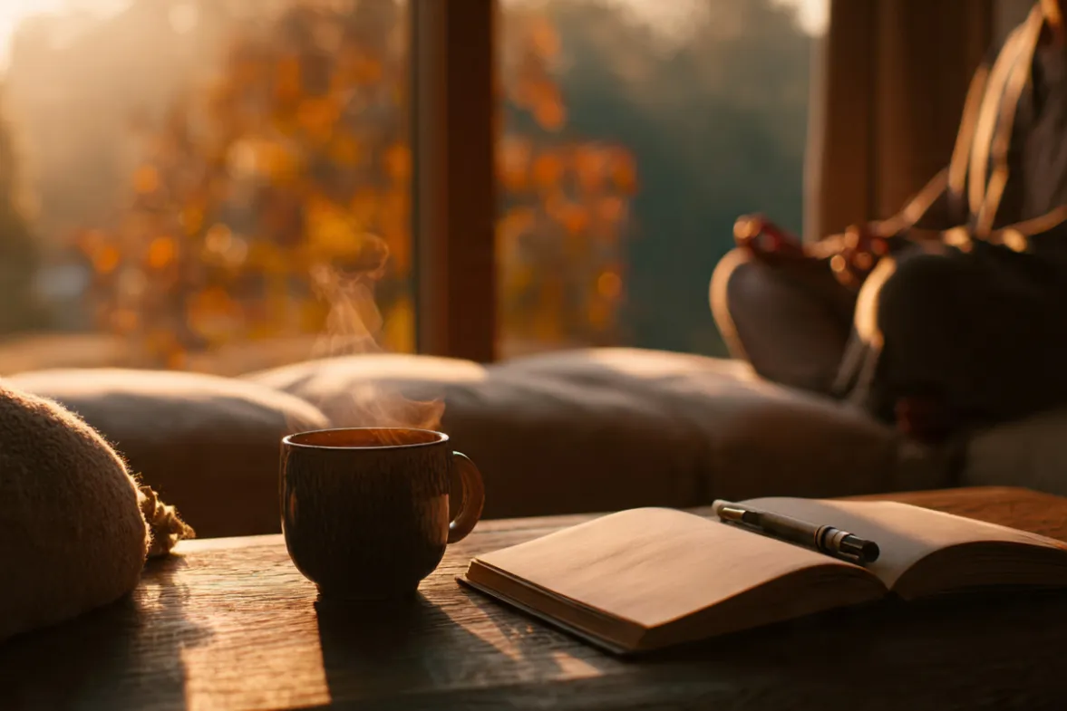 A serene morning scene from a slightly elevated angle: a person sitting cross-legged on a meditation cushion near a large window, wearing wireless earbuds, eyes closed in quiet reflection. Soft golden sunrise light pours through the window, creating long, warm shadows across the room. A journal, pen, and steaming ceramic mug rest nearby on a low table. Outside the window: Blurry hints of misty trees/flowers. Warm amber and cream color palette, shallow depth of field.