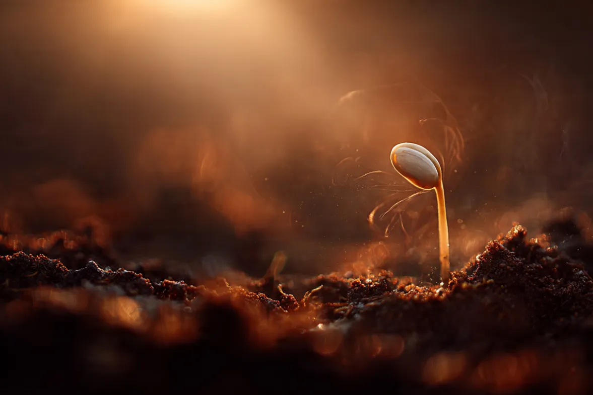 A clean, modern macro close-up of a single white sprout emerging from dark, rich soil. The plant is illuminated by a soft, radiant golden sunrise glow from above, with delicate light rays and subtle energy waves radiating outward. Smooth, minimalist background with ample clean negative space at the top for text overlay. High-contrast, ethereal spiritual aesthetic.