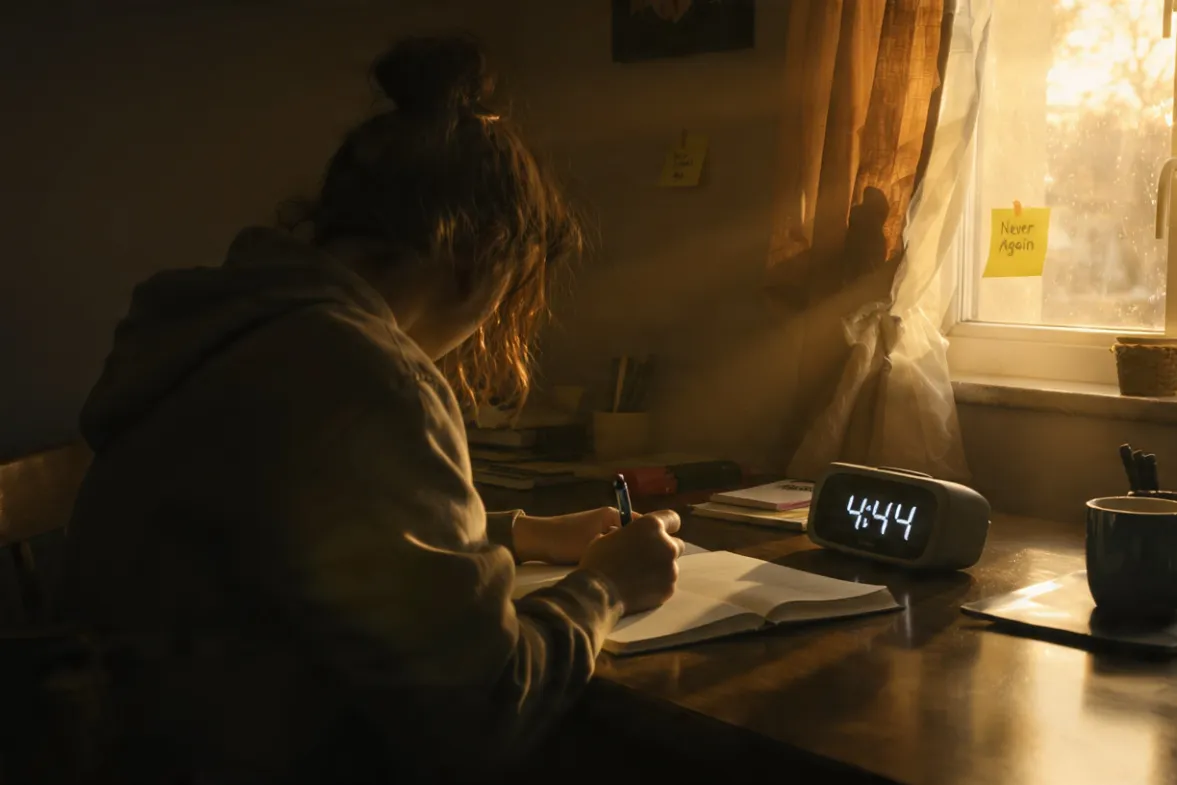 A person sitting at a dimly lit wooden desk in the early morning. A digital clock on the desk shows 444 in blue. They are holding a pen, hand hovering over a blank journal. Warm morning light spills through a nearby window, illuminating a single sticky note on the wall that says "Never Again." High contrast, moody but hopeful.