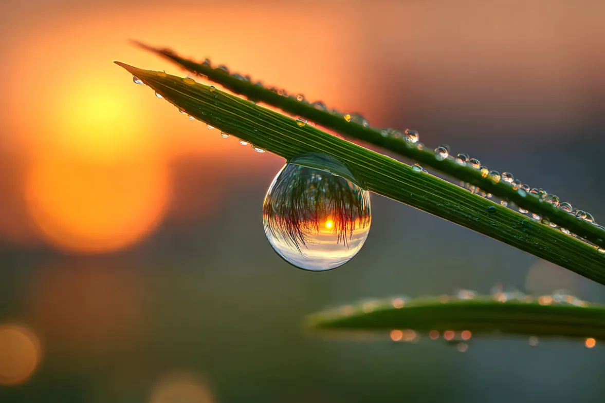  Extreme photorealistic macro photography. A single, perfectly clear morning dew drop hanging from the tip of a vivid green pine needle. Inside the water droplet is a perfect, tiny, crystal-clear reflection of a majestic sunrise over a misty lake and mountains. The background behind the needle is a soft, glowing, golden-hour blur. Symbolizes clarity, deep focus, and finding the entire universe in a single present moment. 8k resolution, National Geographic style