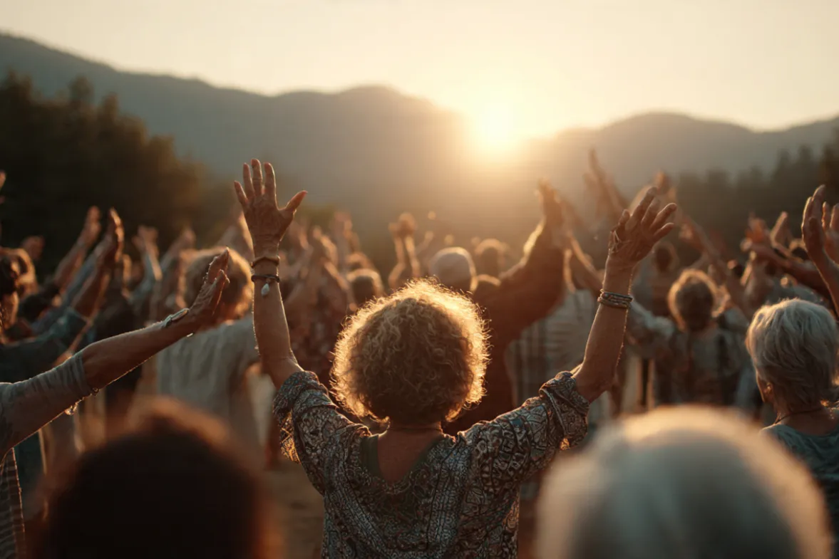 Group of people gathered at sunrise with their arms raised enjoying the freedom peace and happiness of connection