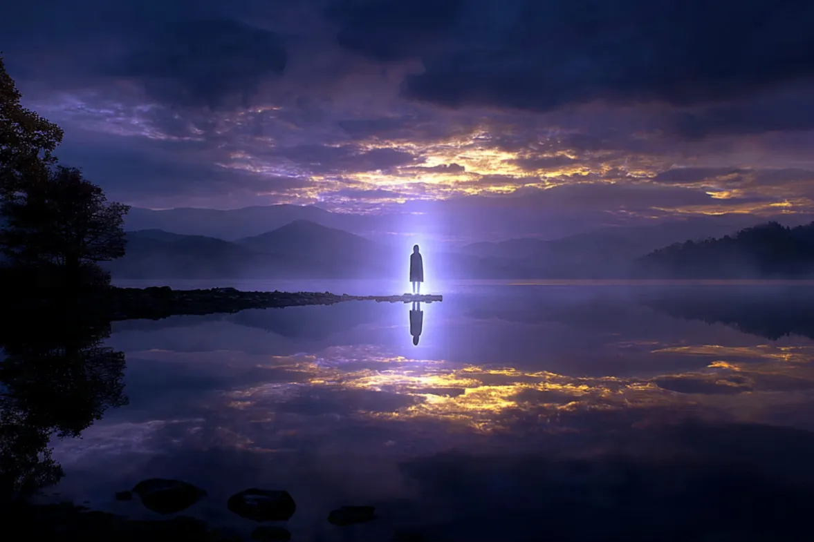 Silhouette of loan person standing at the water's edge surrounded by purple aura golden energy in the sky