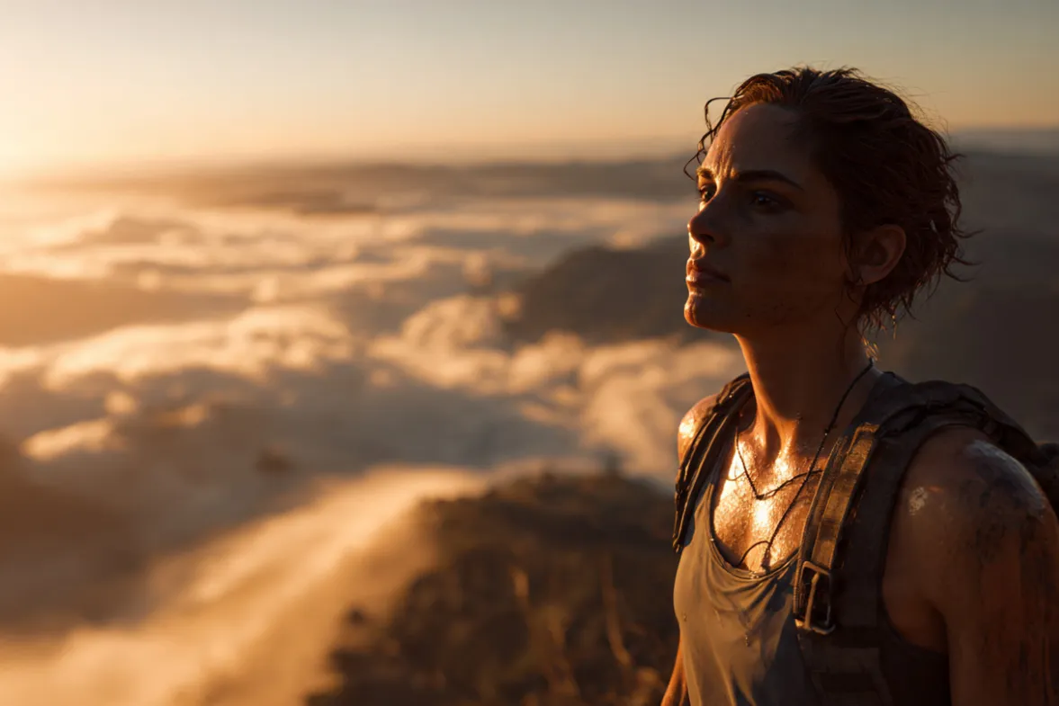 A powerful, disciplined individual standing on a mountain summit at sunrise after a hard climb, slightly sweaty, breathing steady, confident posture, calm intense expression — symbolizing extreme ownership and earned freedom.