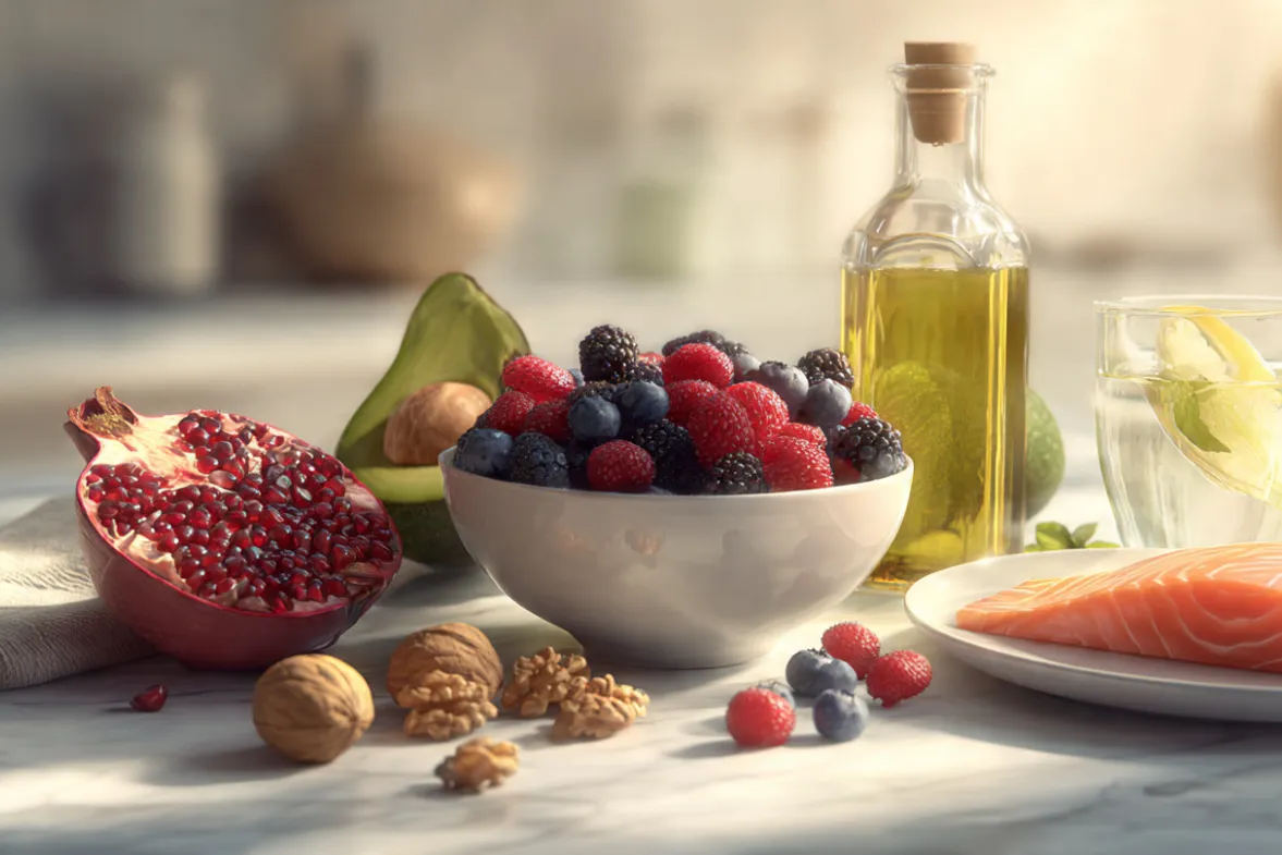 Clean healthy foods laid out on a marble countertop walnuts mixed berries pomegranates olive oil avocado salmon and water with a slice of lemon 