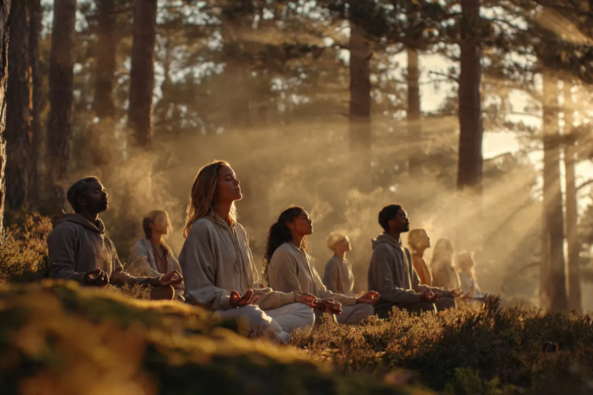 Diverse group meditating together in pine forest with sun rising