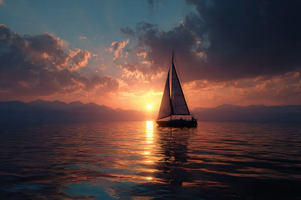 Sailboat silhouetted against sunrise, breaking dawn light on water, symbolizing new opportunities and fresh starts. 