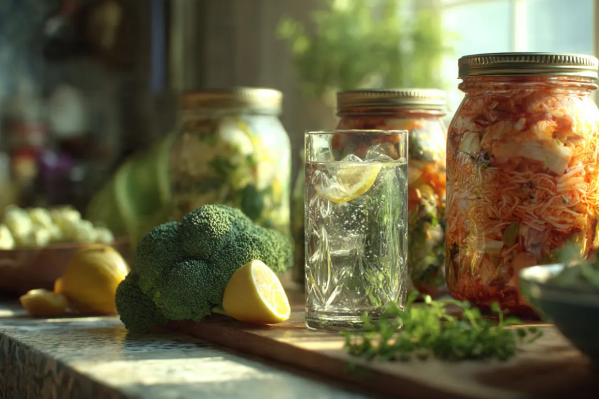 A kitchen counter with beautiful jars of homemade kimchi, sauerkraut, and a glass of water with lemon. Fresh vegetables and herbs around them. Warm morning light coming through a window. Clean, appetizing, healthy food