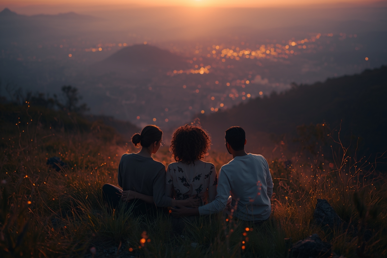 A photorealistic, intimate medium shot of 3-4 diverse individuals sitting closely together on a grassy hillside at dawn, backs partially to the viewer, gazing toward a soft-focus futuristic city glowing on the horizon. The group shares a quiet moment of connection—hands gently touching, shoulders relaxed, heads slightly inclined toward one another. Subtle, organic neural-network light patterns—like bioluminescent vines or gentle golden filaments—weave softly through the grass and air around them, echoing the hero image's sky motifs but rendered in a softer, earth-bound way. The color palette mirrors the hero: deep charcoal-gray foreground grounding the composition, transitioning to warm orangey-yellow sunrise hues illuminating the distant city and rim-lighting the group. Soft sun flares break through mist. Mood: peaceful, hopeful, consciously connected.