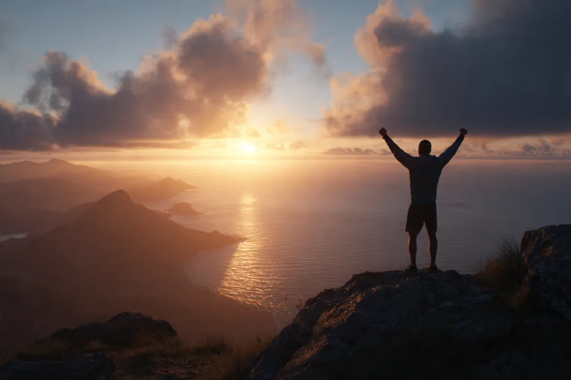 A person standing at the edge of a beautiful sunrise overlooking mountains or ocean, arms slightly raised in a victory/celebration pose, wearing athletic clothing, representing the "perfect day" vision and achievement through consistent awareness and action
