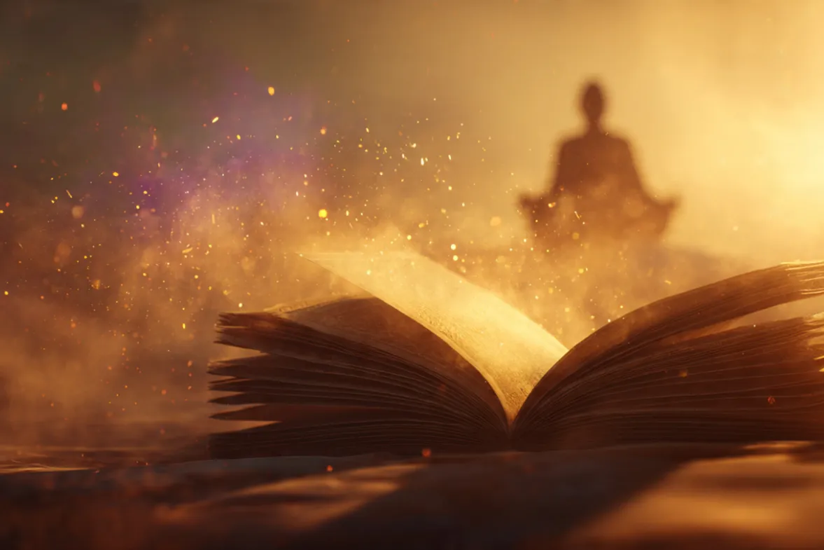 Close up of ancient book pages moving with the wind revealing ethereal magic A silhouette of a person meditating in the background Beautiful morning sunlight
