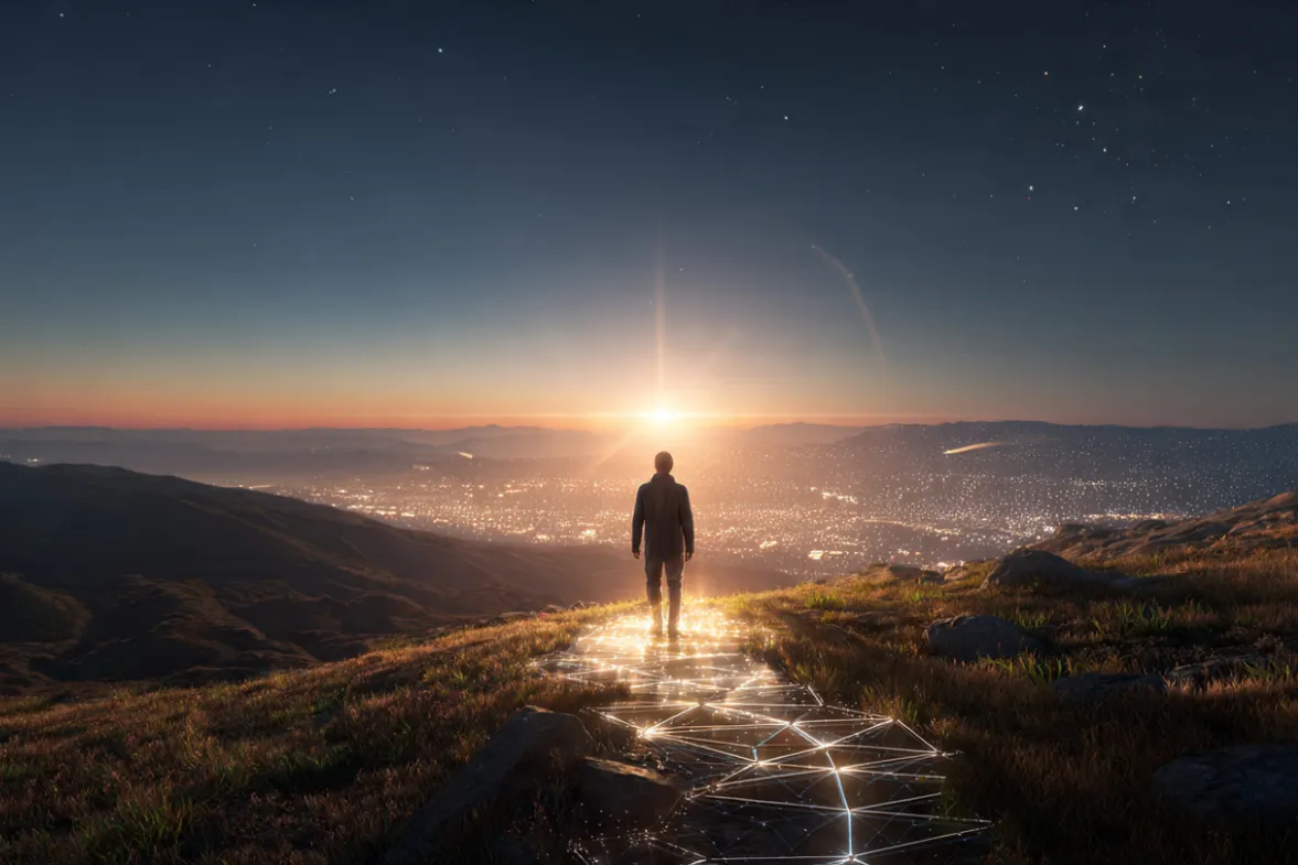 A person standing on a sunlit mountain path at golden hour, looking toward a radiant horizon where the sky transitions from deep dawn blue to warm amber light. At their feet, a subtle glowing pathway made of interconnected light nodes (representing the REAP framework: Recognize, Exchange, Activate, Program) leads forward.