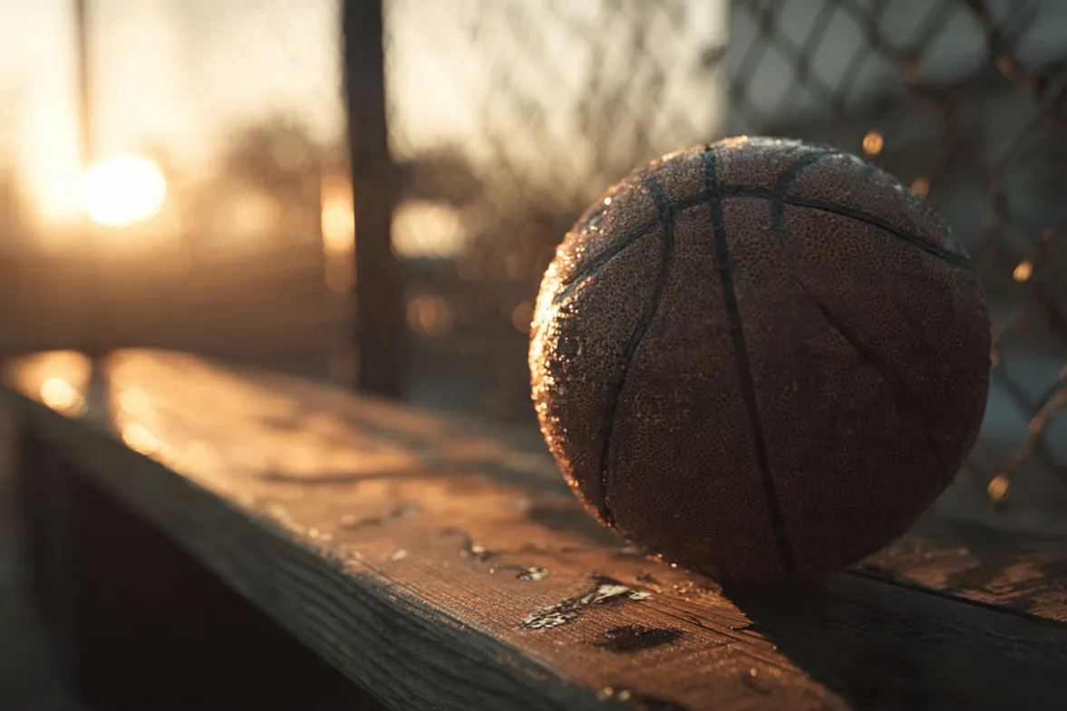 Worn basketball covered in dew sitting on a wooden bench on the edge of a basketball court at dawn
