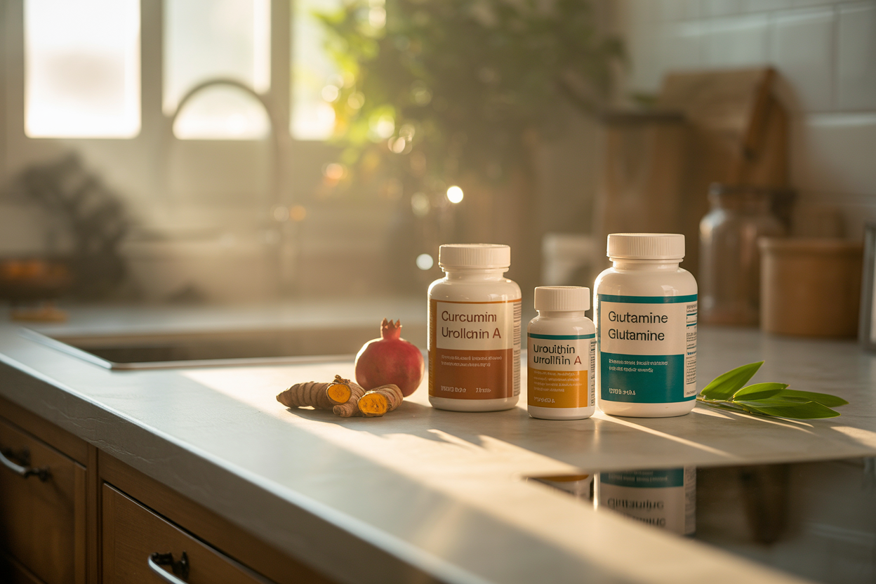 A clean kitchen countertop in warm morning sunlight. Three supplement bottles arranged neatly (curcumin, urolithin A, glutamine labels visible or generic wellness bottles). Soft sunrise glow streaming through a nearby window. Add subtle natural elements: a small pomegranate, fresh turmeric root, or green leaves beside the bottles. Misty morning atmosphere to match the hero image. Warm, inviting, editorial wellness style. 