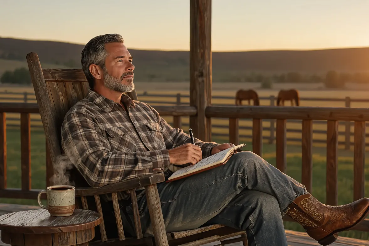 A 50's man sitting in quiet reflection at dawn on a wooden porch, soft golden morning light, journal open on their lap, warm coffee steaming beside them. Peaceful expression of self-acceptance 