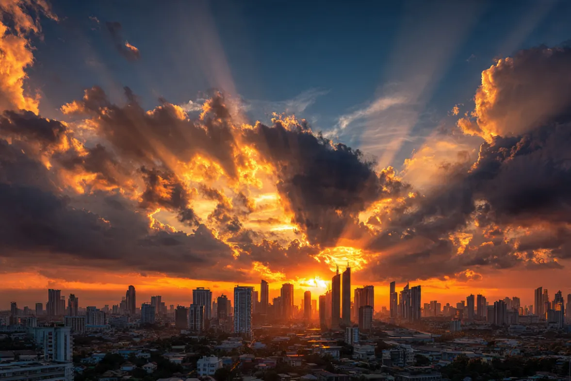 A stunning sunrise over a modern city skyline, golden hour lighting, rays of light breaking through clouds, symbolizing new beginnings and possibility, inspirational and uplifting mood, wide angle shot
