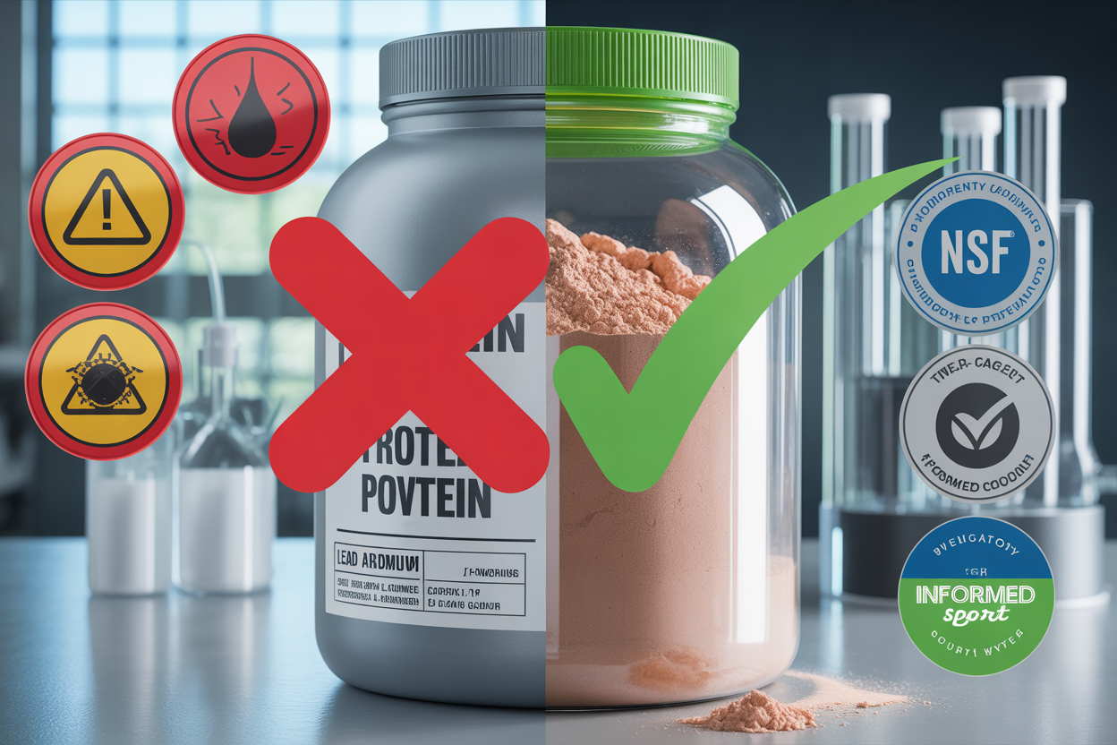 A split-screen comparison image. Left side: a generic protein powder container with a red X overlay, surrounded by warning symbols for heavy metals (lead, arsenic, cadmium icons). Right side: a clean, transparent protein powder container with green checkmark, third-party certification badges visible (NSF, Informed Sport logos). Laboratory testing equipment visible in background. Professional, educational tone, high contrast.