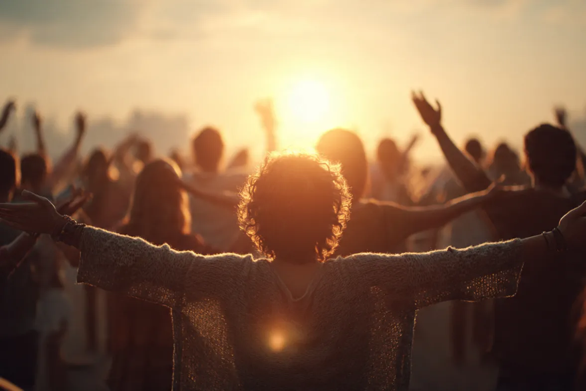 Multiple diverse people standing together at sunrise, arms open or hands connected, golden light surrounding the group, representing consciousness community and collective intention, cinematic wide shot
