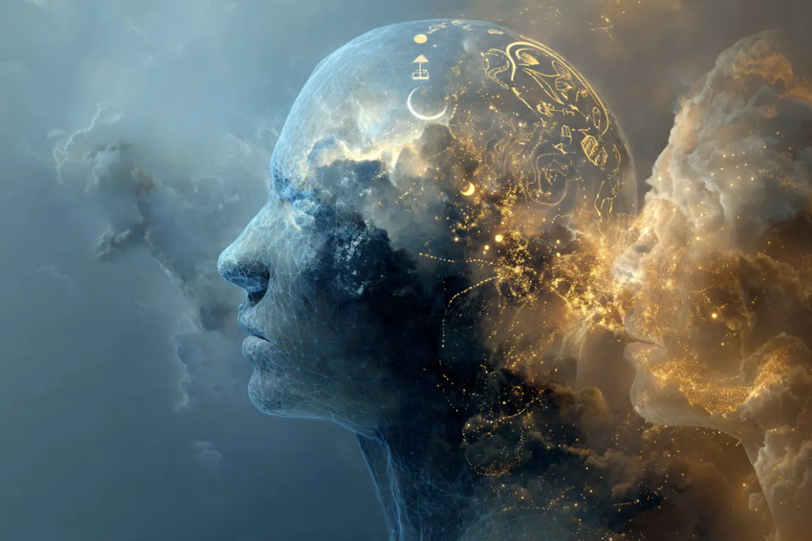 A translucent human head silhouette in profile, filled with glowing neural network pathways that morph into tarot card symbols (stars, moons, faces) as they spread outward. Soft ethereal blue and gold lighting. Background features subtle cloud-like textures with faint face patterns emerging (pareidolia effect). Left side cooler scientific tones (blue, teal), right side warmer mystical tones (gold, amber). Cinematic depth, digital art meets photography style