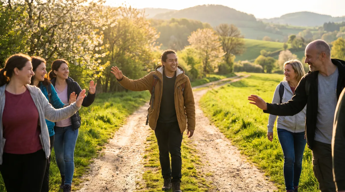 A person walking confidently along a sunlit path, surrounded by warm golden morning light, other people walking alongside and greeting them—symbolizing connection over isolation, open body language, genuine smiles, lush green landscape