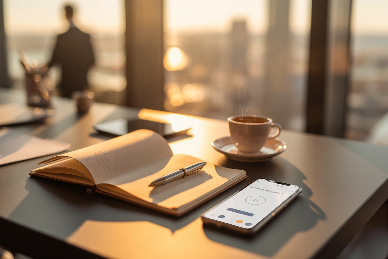 Clean minimalist desk with an open leather journal, premium pen, smartphone showing a simple productivity app, and a steaming cup of coffee. Warm amber and gold lighting streaming across the surface creating long shadows. No person visible—focus on the tools of intentional productivity. Shallow depth of field with soft bokeh background suggesting a high-rise office environment. 