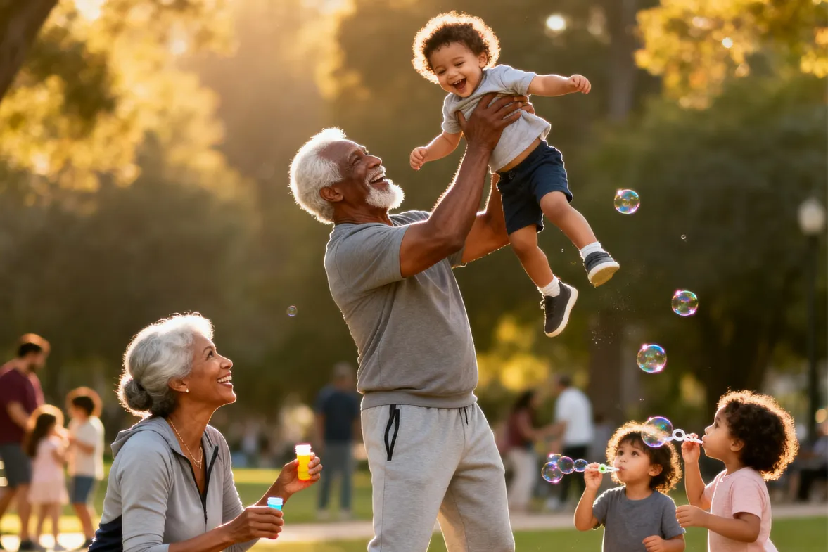 A vibrant, active grandparents (diverse couple in their late 60s-early 70s) joyfully playing with their young grandchildren in a sun-drenched park at golden hour. Grandfather is playfully lifting a laughing toddler into the air with strong, confident arms; grandmother is crouched down, smiling warmly as she helps another grandchild blow bubbles. Both grandparents wear comfortable, stylish athleisure wear that shows they move with ease and strength. 
