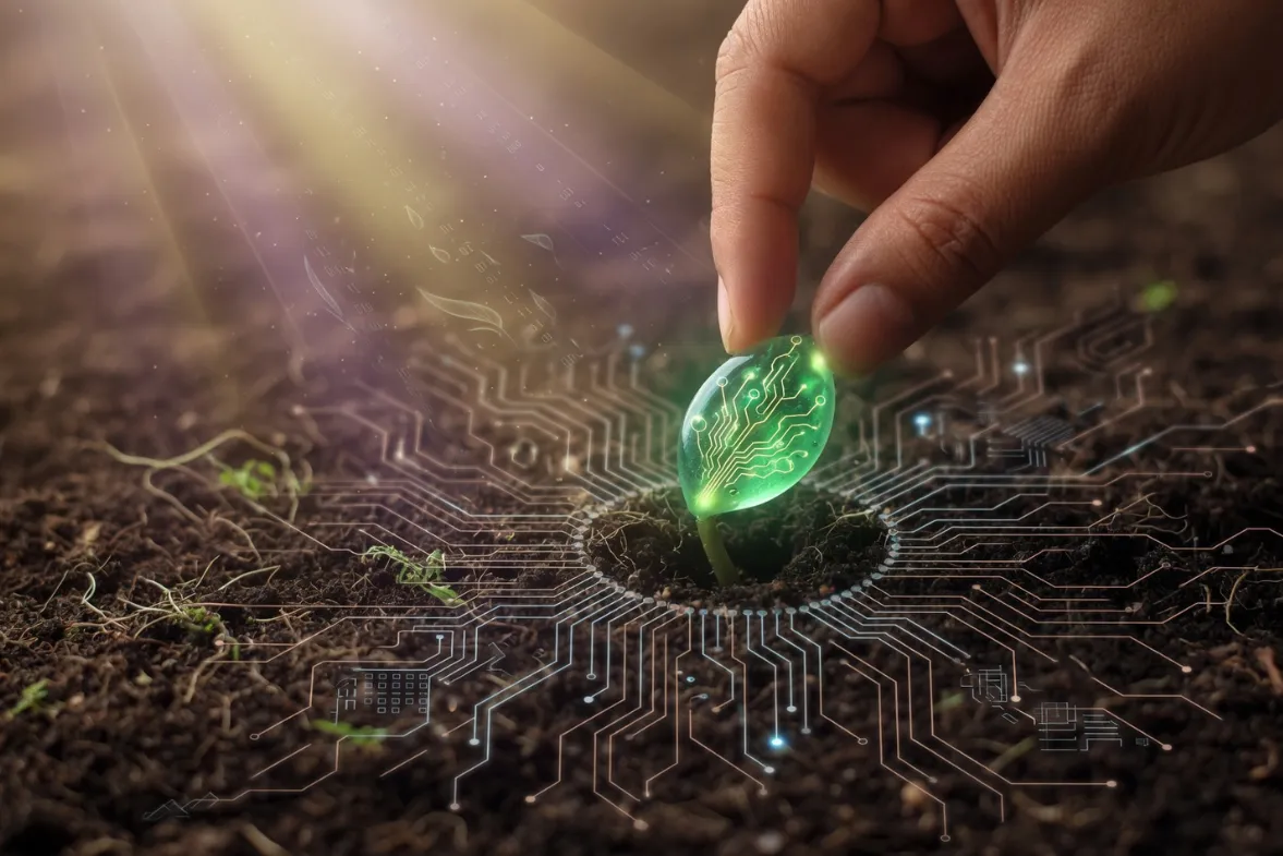 A symbolic image of growth and technology merging: a human hand gently placing a glowing seed into rich soil, with subtle digital circuit patterns in the soil and soft light rays above, representing conscious creation and AI synergy, photorealistic, hopeful and inspirational mood