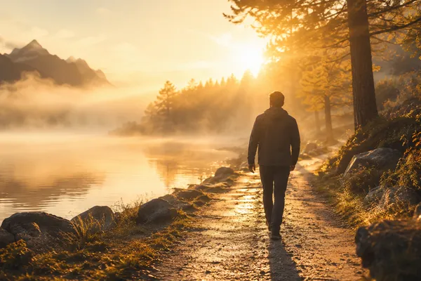A confident figure walking forward along a clear, sunlit path, next to a lake, cutting through soft morning mist, golden hour sunlight breaking through above, casting warm illumination and a sense of purposeful momentum