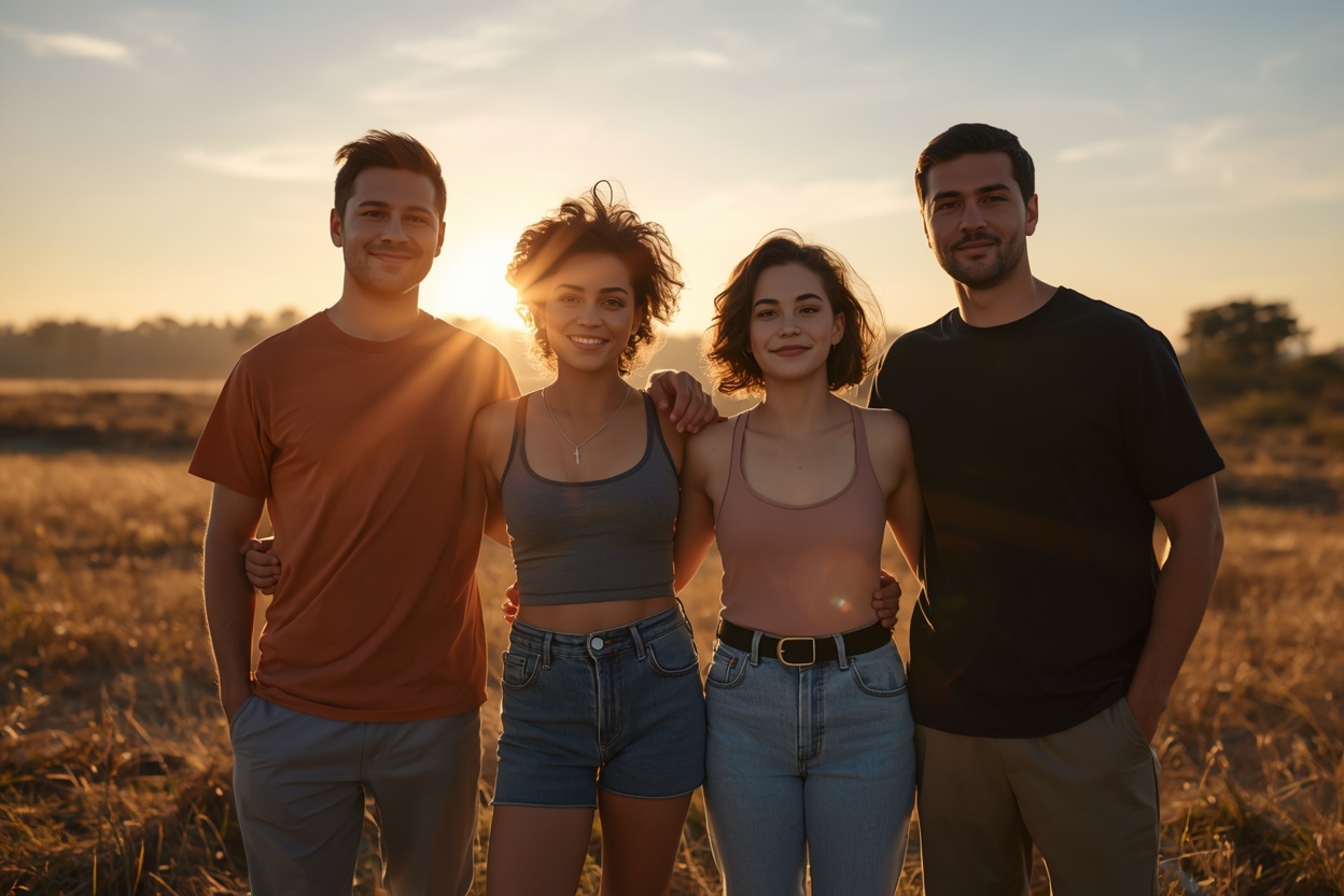 A diverse group of four people standing together in an open natural landscape during golden hour, soft morning light wrapping around them, genuine relaxed expressions suggesting shared motivation and wellness