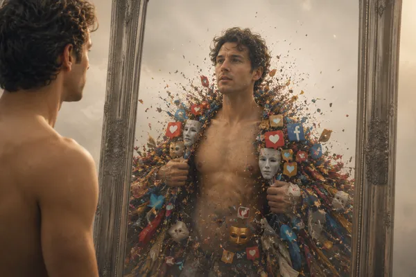 A surreal, high-concept photorealistic image of a person standing in a mirror, but their reflection is shedding a heavy, ornate, colorful shell made of social media icons, masks, and debris.