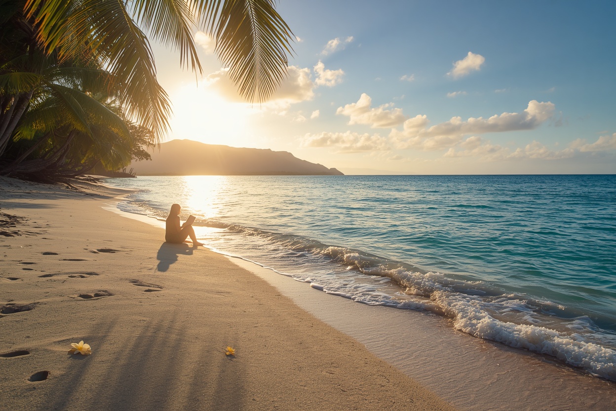 A pristine Hawaiian beach at golden hour: gentle turquoise waves lapping at white sand, a single person sitting peacefully on the shore, holding a journal. Palm trees frame the left side, distant volcanic mountains on the horizon. Warm golden light reflecting on water. A single plumeria flower rests in the sand nearby. The mood is serene, contemplative, and deeply peaceful—like the moment after a profound realization.