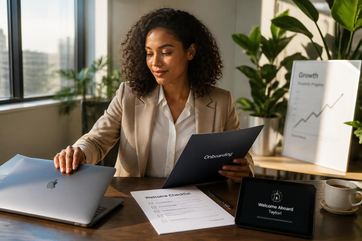 A confident professional in a bright, modern workspace, gently closing a laptop with a calm, satisfied expression while reviewing a sleek onboarding folder and clean welcome checklist on the desk, soft morning sunlight streaming through large windows, subtle success cues like a tablet showing 'Welcome Aboard' notification, a minimalist growth chart leaning against a plant, and a half-empty coffee cup, warm and grounded atmosphere
