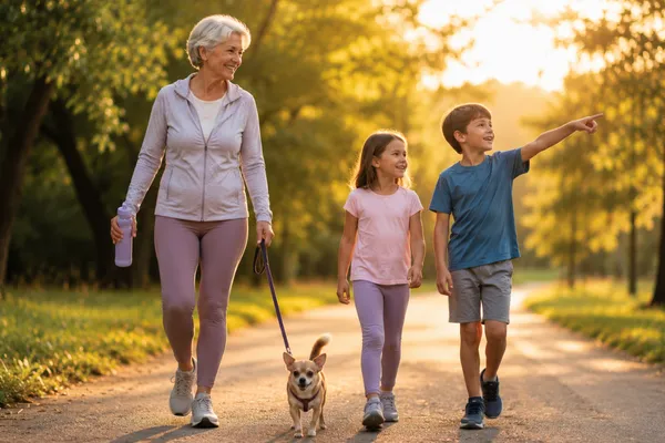 A vibrant senior woman in her late 60s walking along a sun-dappled park path, holding the leash of a small Chihuahua trotting happily beside her. Two young grandchildren