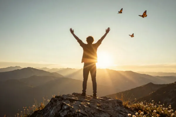 A person standing confidently at mountain summit at sunrise, arms raised in victory, expansive view below, symbolizing achievement and strategic success!
