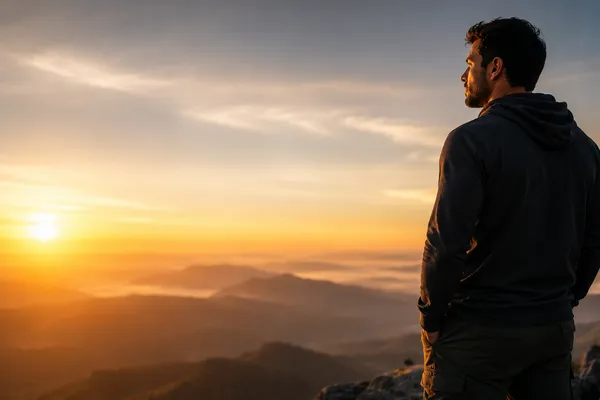 A confident man standing at the edge of a quiet morning horizon, looking forward with calm intensity, golden sunrise light