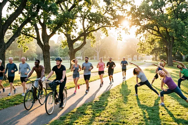 A diverse community of people moving together at sunrise—some walking, some jogging, some cycling—on a scenic path