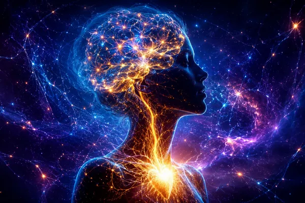 A breathtaking image of a human profile silhouette facing right. Inside the silhouette, instead of a solid brain, there is a breathtaking, glowing network of golden and electric blue neural pathways lighting up 