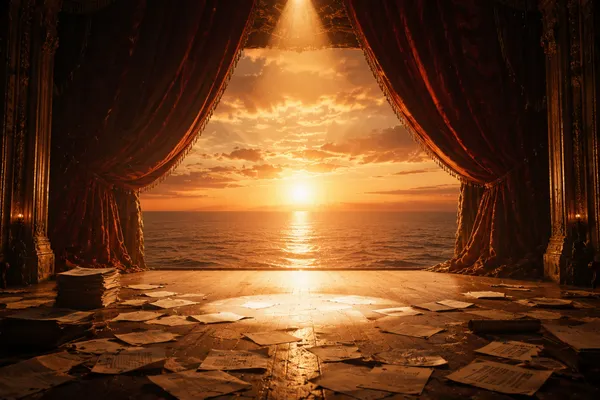 Epic cinematic wide shot of an old vintage theater stage with heavy red velvet curtains dramatically pulled open, revealing not a stage but a breathtaking sunrise over an endless ocean horizon