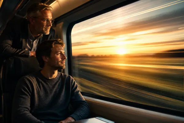 Inside a modern train compartment during a breathtaking golden sunrise. A man is sitting by the large window, looking out. Outside the window, the landscape is a beautiful golden sunrise but heavily blurred with streaks of light and motion, indicating the train is moving at super high speed. Standing in the aisle right behind him, a calm, observant mentor figure is leaning in slightly, looking over the seated man's shoulder out the window, sharing his perspective.