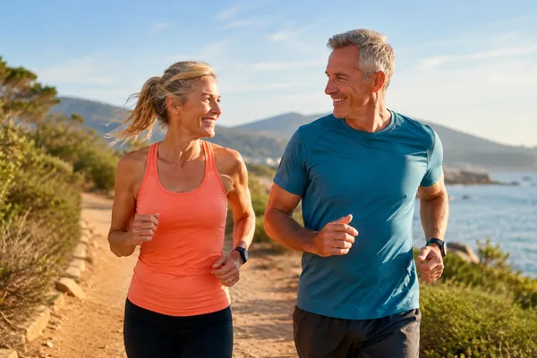 Cinematic wide shot of a vibrant, highly fit and active man and woman in their 50s jogging side-by-side on a beautiful, sun-dappled coastal trail.