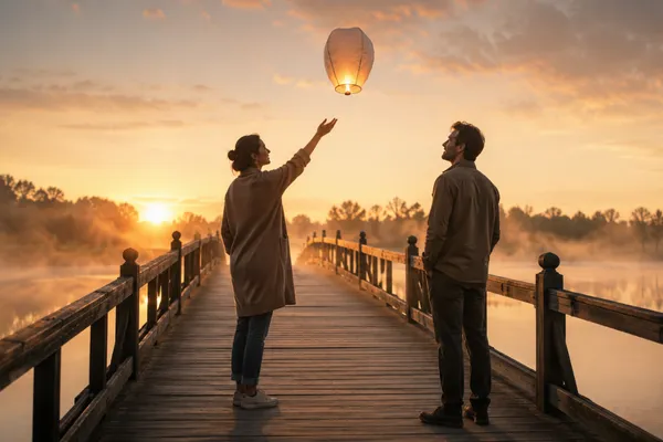 A man and a woman in their early 30s standing on a quiet wooden bridge at sunrise, facing each other with calm and open body language. The woman is gently releasing a small glowing balloon into the sky