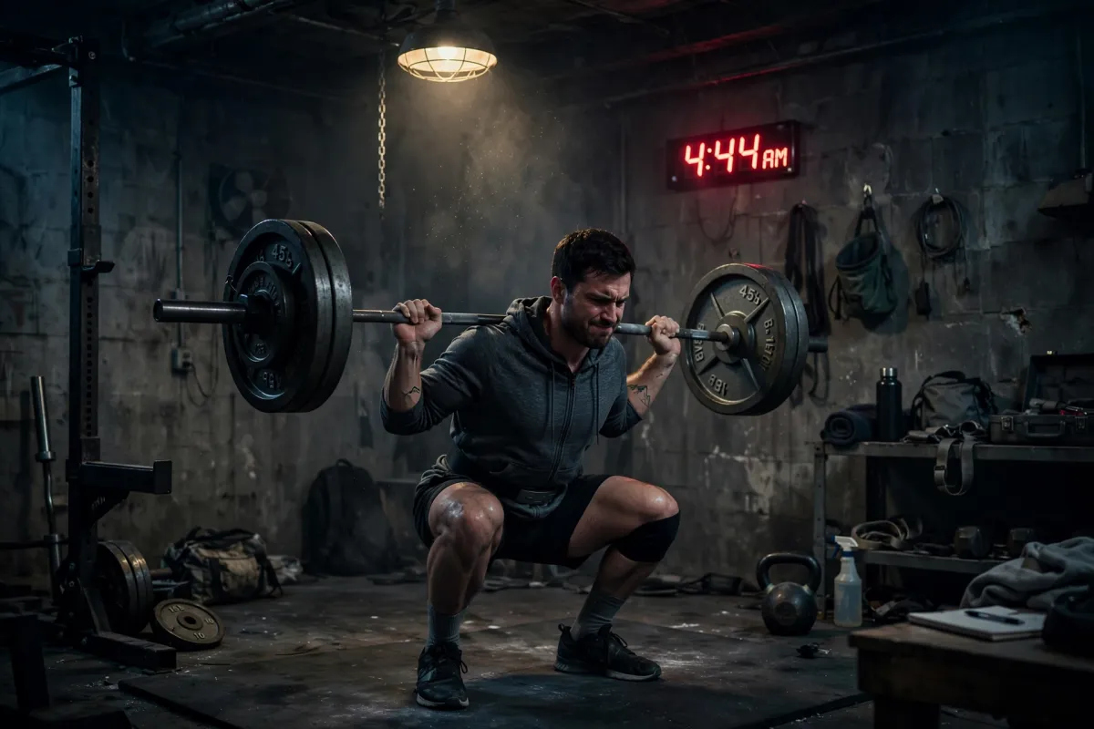 A man in athletic wear doing a heavy barbell squat in a raw, dimly lit garage gym. Digital clock read 4:44 AM in red. Chalk dust in the air. Grimace of effort on his face. A single industrial light above. Gritty, honest, unfiltered. Mood: raw effort, blue-collar grit, earned strength.