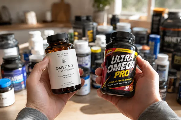 POV shot looking down at a person's two hands holding supplement bottles, capturing a critical moment of decision. The left hand holds a premium, clean, minimalist amber glass supplement bottle representing a trusted 'Love It' choice. The right hand holds a flashy, brightly colored, heavily marketed plastic supplement bottle representing a doubtful 'Leave It' choice.