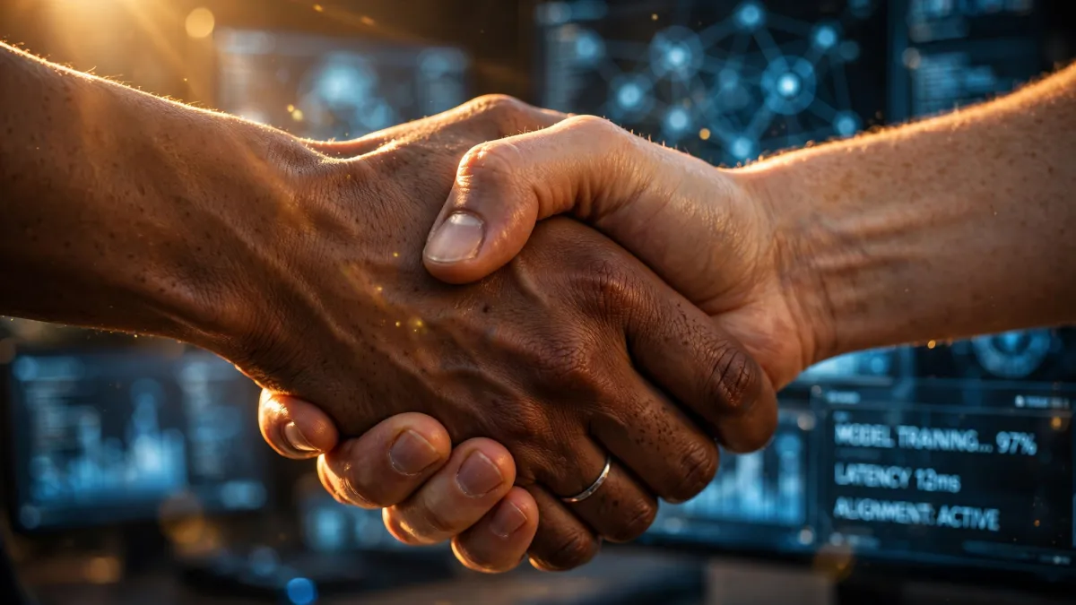 Photorealistic cinematic image, extreme close-up of two human hands in a firm, warm handshake. Rich golden hour light wrapping around the hands. Shallow depth of field — in the beautifully blurred background, multiple glowing computer screens and AI interfaces are visible but out of focus, almost dissolving. The human connection is razor-sharp and commanding the frame. Skin tones warm and diverse. Subtle lens flare. The feeling is: this moment right here is what matters.
