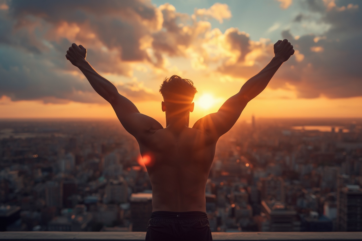 A determined athletic male standing on an urban rooftop at golden hour sunrise, arms slightly raised in victory pose, overlooking vast city skyline bathed in warm orange and pink light, dramatic clouds catching first rays of dawn, person in athletic wear with visible sweat and effort but expression of quiet triumph, epic wide-angle composition showing infinite possibility, lens flare from rising sun, inspiring and powerful atmosphere, symbolizing the 400 trillion to one miracle of being alive and the payoff of relentless execution
