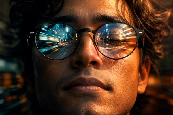 An extreme close-up portrait of a person with a perfectly serene, peaceful expression, eyes gently closed. In the reflection of their glasses, we see the harsh, chaotic, neon-lit motion blur of a speeding train or busy city.