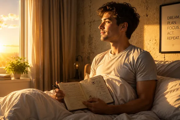 A person waking up refreshed at sunrise, sitting up in bed with peaceful confident expression, golden morning light flooding the room, holding a journal with dream notes visible, symbolizing mastery of dream recall and morning routine.
