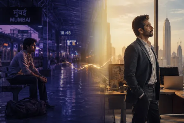 A split-frame concept — LEFT SIDE shows a young man sitting on a train station bench in Mumbai at dusk with a small duffel bag, deep violet-blue tones, quiet dignity; RIGHT SIDE shows the same man decades later in a modern glass skyscraper office at sunrise, wearing an elegant blazer, warm golden light. A subtle glowing thread of light connects the two versions across the frame, symbolizing the journey.