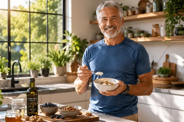 Photorealistic lifestyle image of a healthy, vibrant person in their 50s or 60s standing in a bright, modern kitchen preparing a longevity breakfast. They're smiling, holding a bowl of yogurt with walnuts.