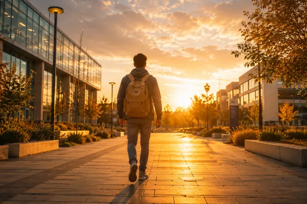 A sunrise scene over a college campus, golden hour lighting, person walking confidently forward on a path, symbolic of new beginnings and fresh chapters.