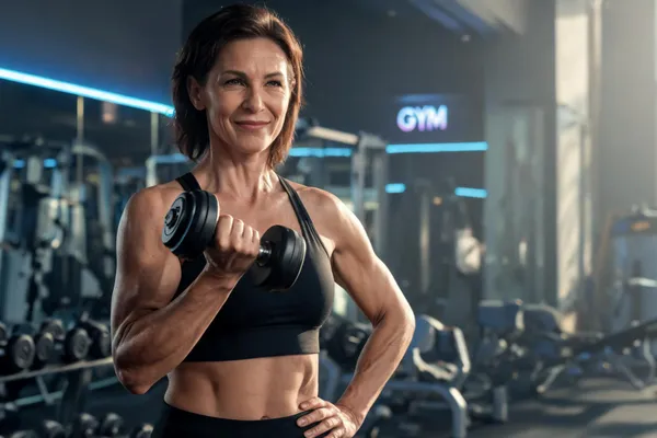 A confident woman in her 40s lifting weights in a modern gym, with a focus on her strong posture and defined arms. The lighting is warm and natural, with a soft glow highlighting her muscles. The background is a sleek gym environment